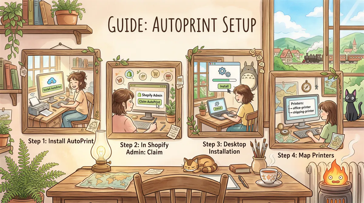 End-to-end setup steps for AutoPrint with a cozy desk montage
