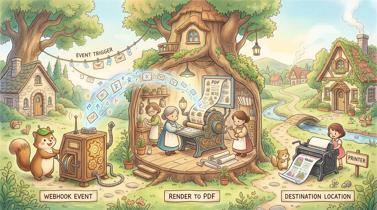 Illustration of auto-print workflow with webhook, render, and print steps