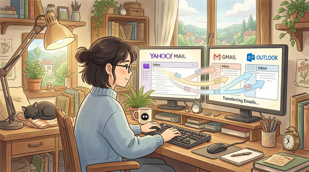 Migrating from Yahoo to Gmail or Outlook in a calm Studio Ghibli scene