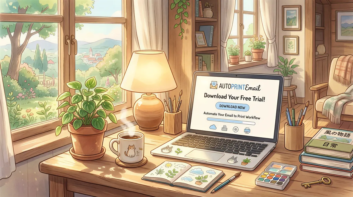 Installing AutoPrintEmail on a laptop in a cozy Studio Ghibli scene
