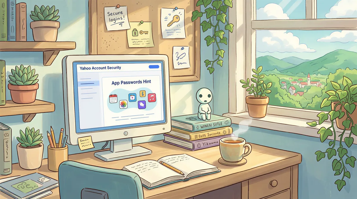 Cozy home office depicting Yahoo app passwords setup in Studio Ghibli style