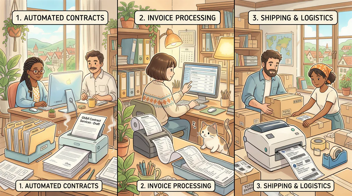 Common Zoho workflows visual: contracts, invoices, and shipping labels auto-printed