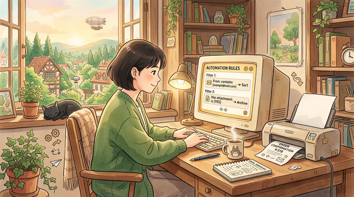 Email filter rules and a printer on a desk showing automation concepts