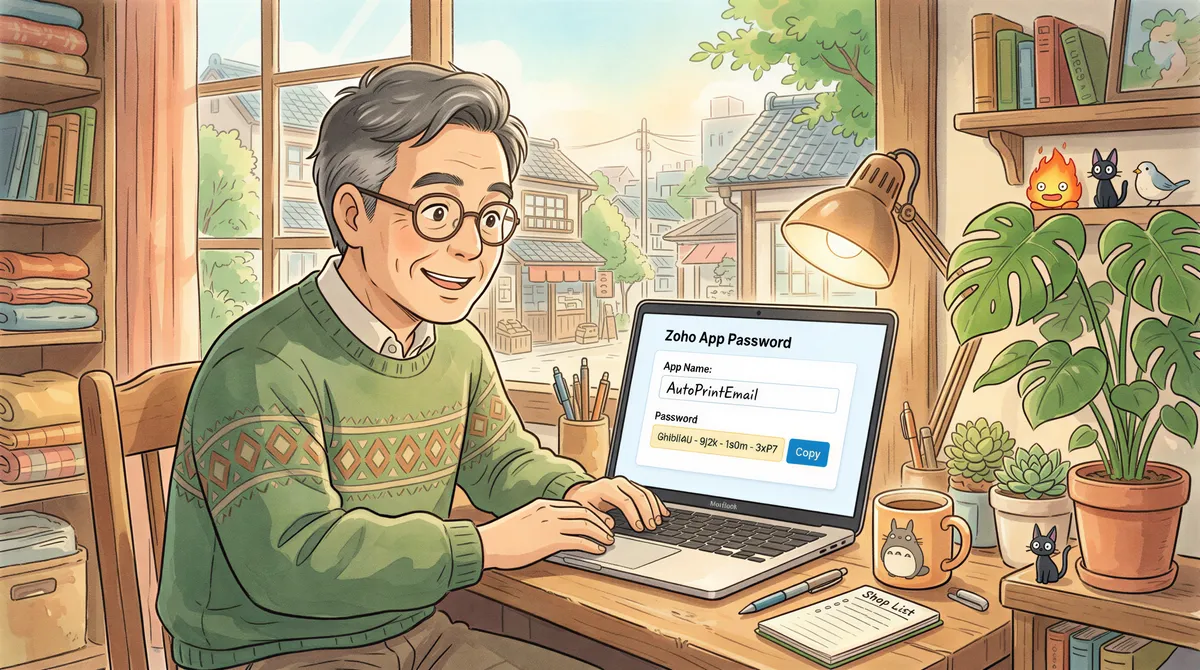 Small business owner generating a Zoho app password for IMAP in a cozy studio Ghibli-inspired office