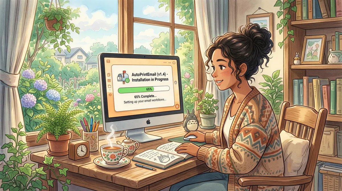 Person installing AutoPrintEmail on a desktop in a cozy studio setup
