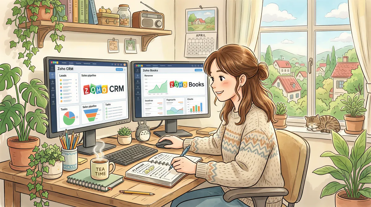 Managing multiple Zoho accounts on a desk with two monitors