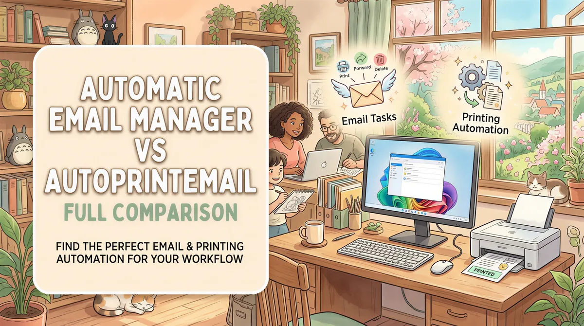 Studio Ghibli-inspired banner comparing Automatic Email Manager vs AutoPrintEmail for tech readers