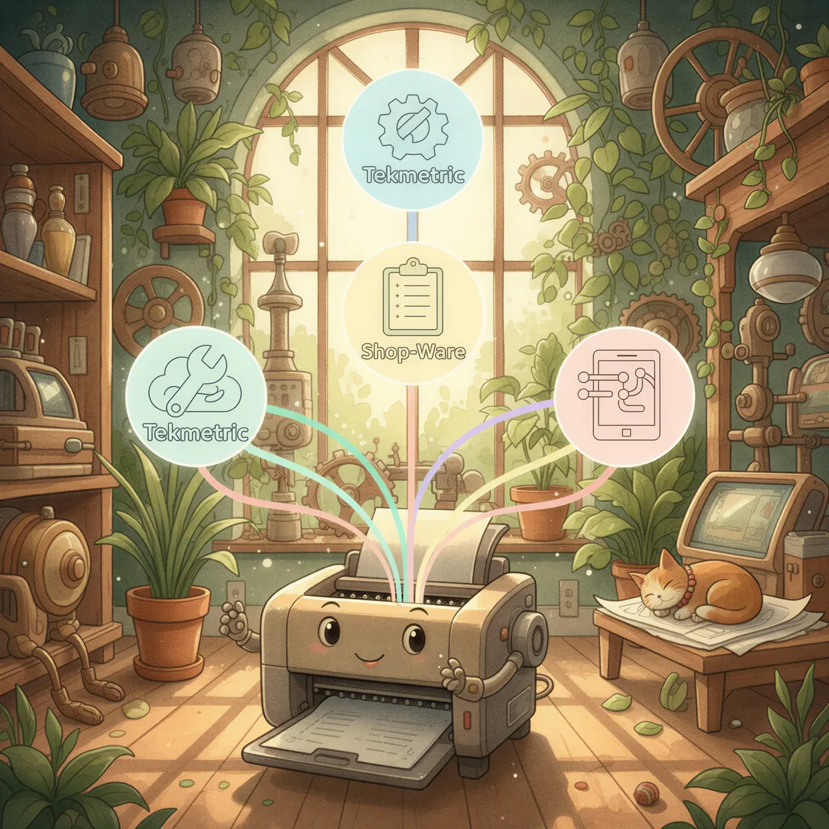 Studio Ghibli aesthetic, illustrating connectivity and setup. A technical but whimsical scene. Large, stylized icons representing popular shop management systems (like Tekmetric, Shop-Ware) are floating. Glowing, soft pastel-colored lines connect these icons directly into a classic, slightly anthropomorphized office printer. Background features subtle mechanical elements of a workshop. Soft green and warm brown palette.