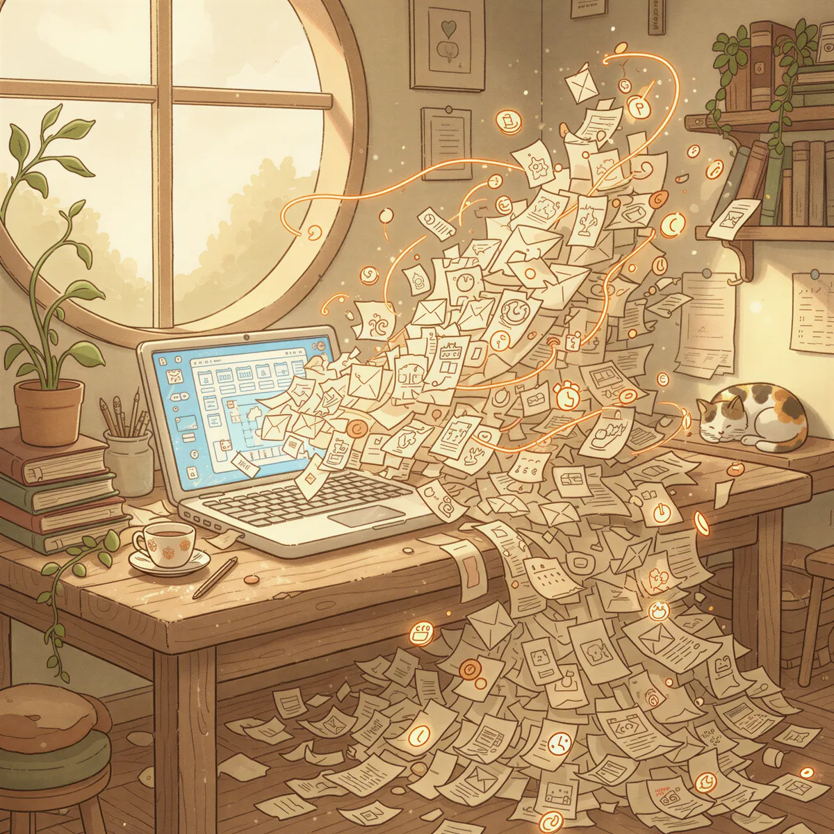 Ghibli aesthetic. Focus on the concept of digital overload translating to physical clutter. A simple wooden workbench with a glowing laptop displaying appointment software. From the screen, stacks of stylized notification emails or paper slips are rapidly accumulating into an unstable pile. Warm sepia and cream tones dominate. Soft, magical lighting emphasizes the growing pile.