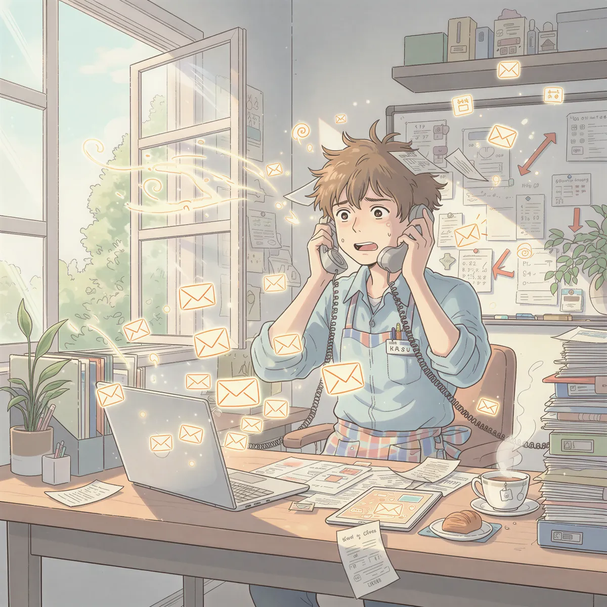 Ghibli illustration of an overwhelmed service writer juggling a ringing phone, a clipboard, and multiple emails on a computer screen in a busy auto bay area.