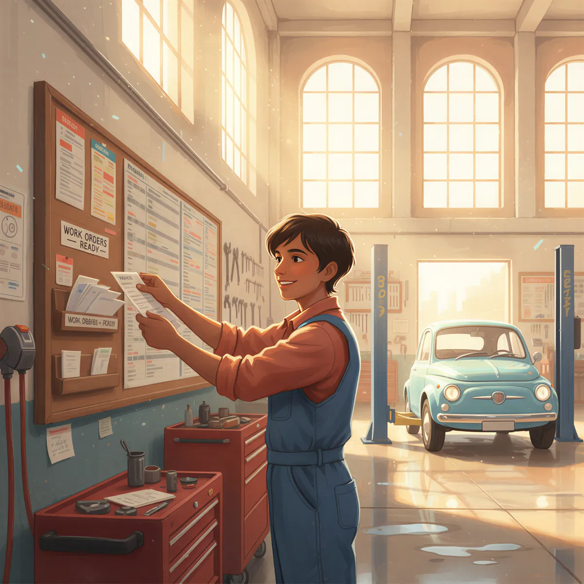 Studio Ghibli aesthetic, focusing on the technician workflow. A bright, clean auto bay area. A focused, friendly mechanic (perhaps South Asian or Middle Eastern descent) is easily retrieving a clean work order from a labeled wall slot or tray positioned near a dispatch board. Sunlight streams through high windows, illuminating dust motes. Warm terracotta and industrial blue tones. Mood is focused productivity.