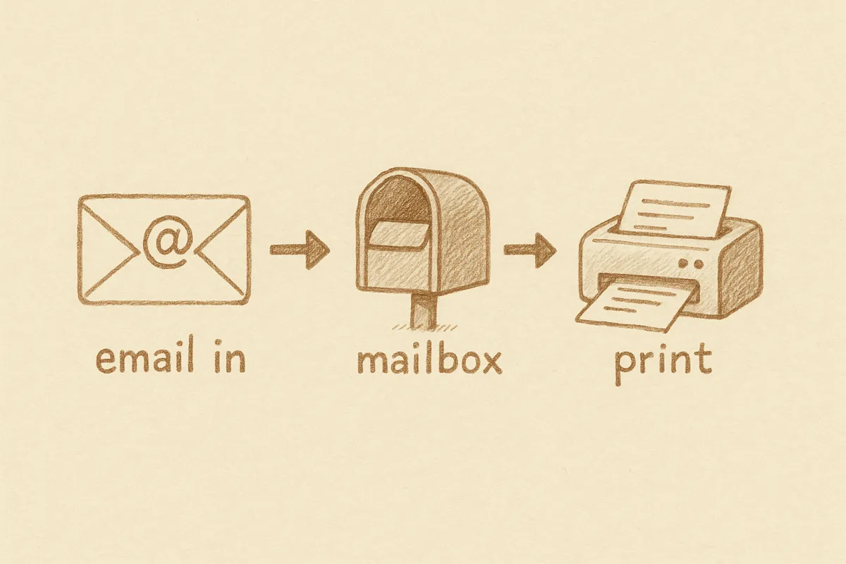 Alt text: "Illustration showing the process of emailing a document, receiving it in a mailbox, and printing it out."