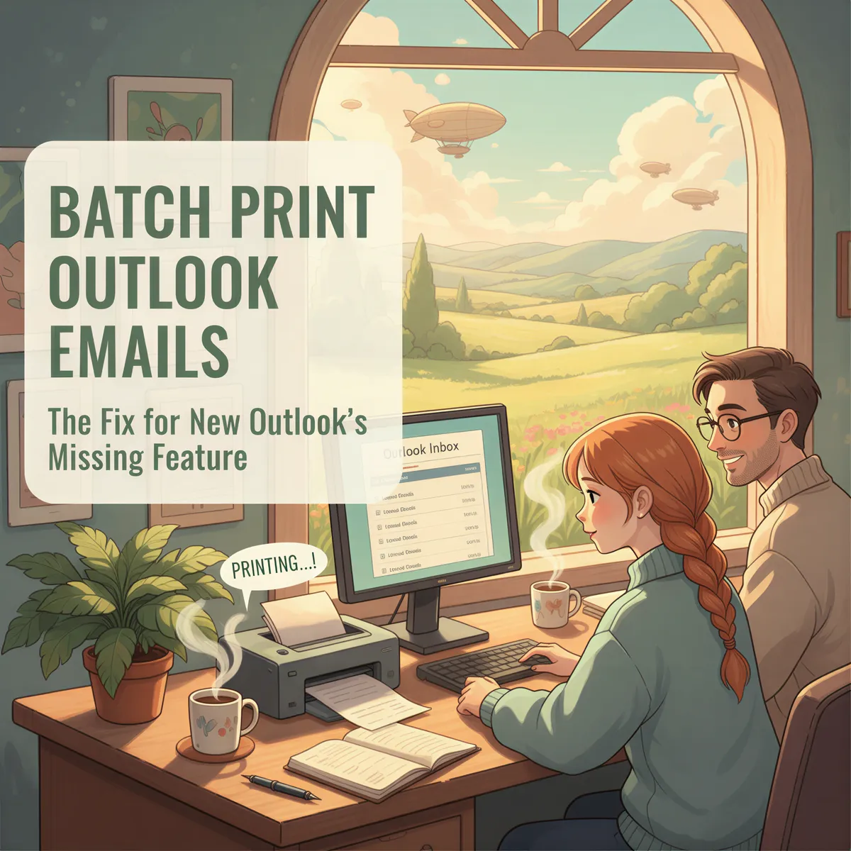 Studio Ghibli-inspired banner: warm office scene with Outlook-like interface and a printer, promoting batch print fix