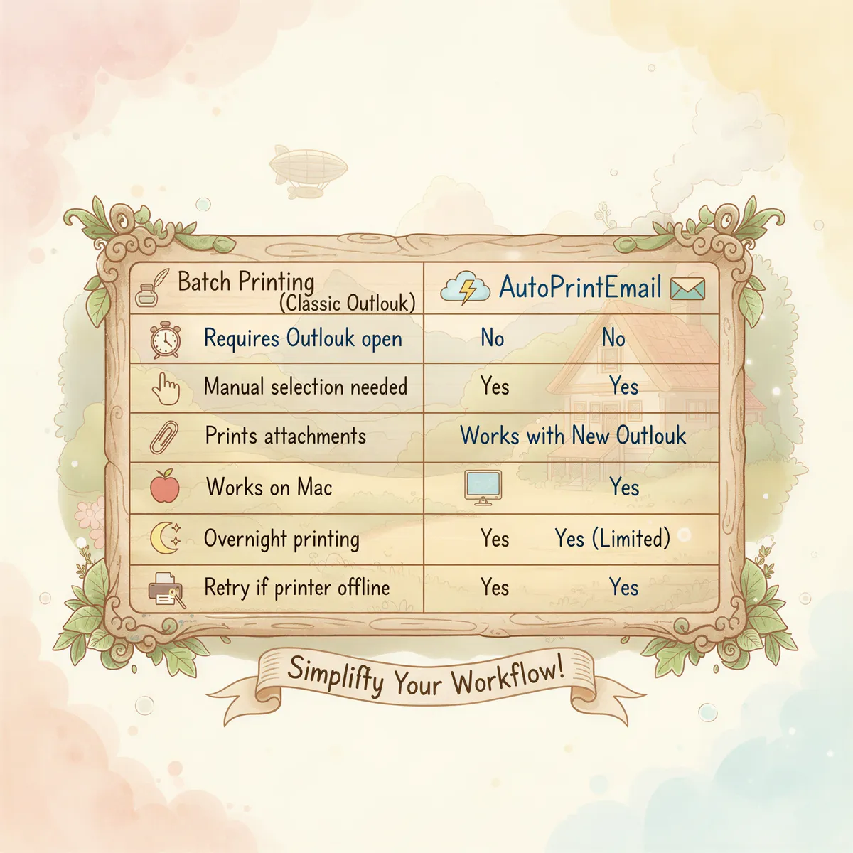 Comparison infographic showing Batch Printing vs Auto Printing features