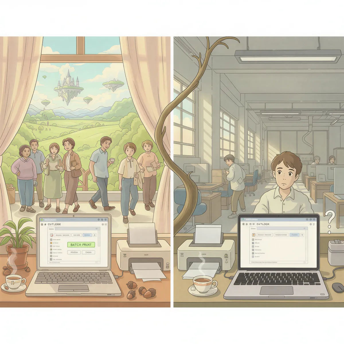 Side-by-side Classic Outlook vs New Outlook showing batch print option present vs missing