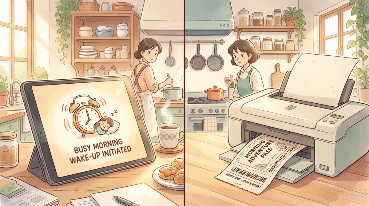 Comparison image showing ChowNow Tablet vs Email + AutoPrintEmail in a kitchen