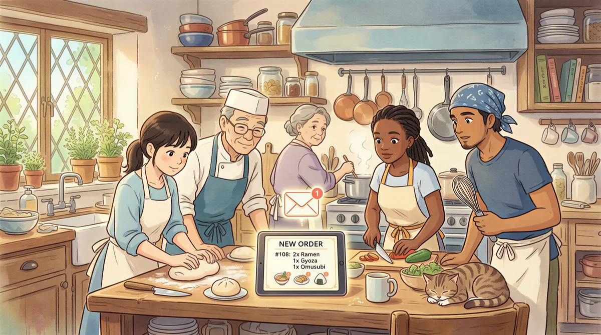 Illustration of ChowNow orders appearing on a kitchen tablet with a notification and email concept