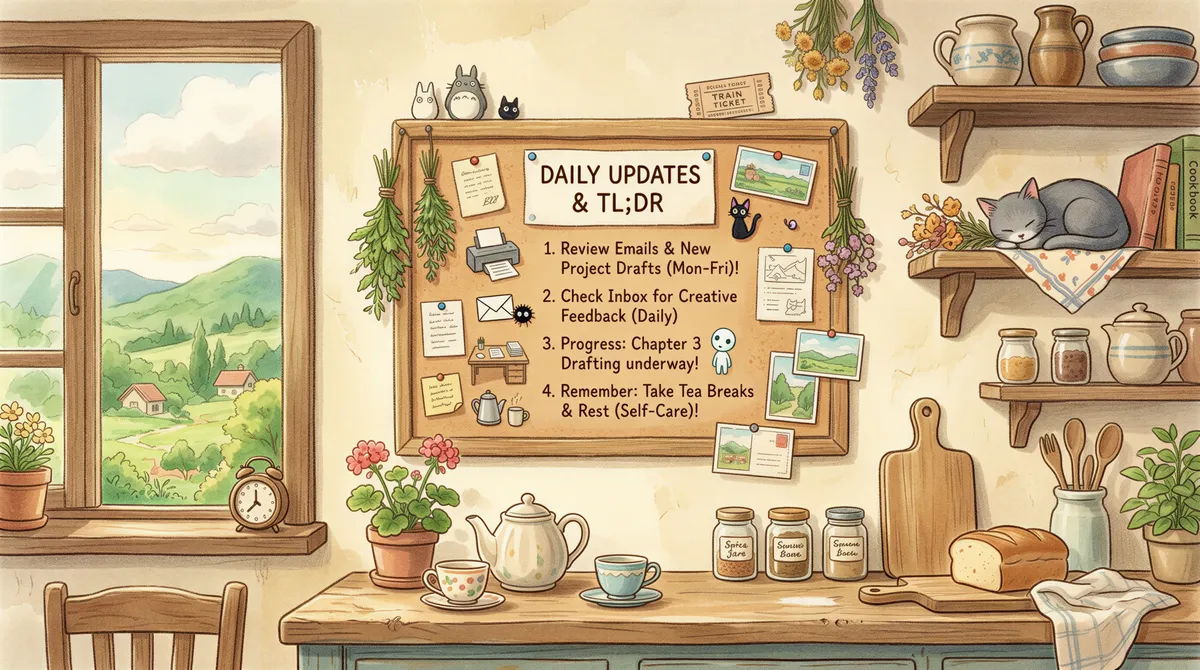 TL;DR summary visuals for kitchen automation with notes and simple icons