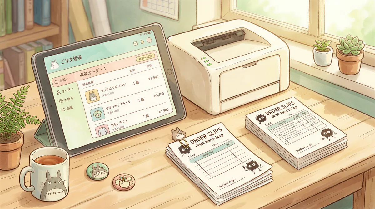 Components of a small shop click-and-collect system including tablet, printer, and order paper