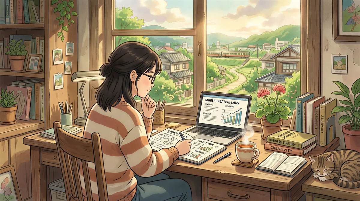 A business owner reviewing growth and order spreadsheets in a sunlit workspace