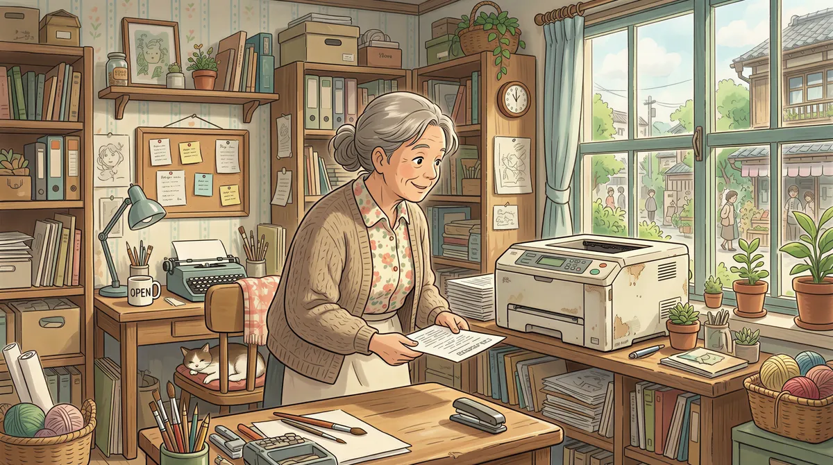 A small shop owner checking an old printer in their store to see if it works for click and collect.