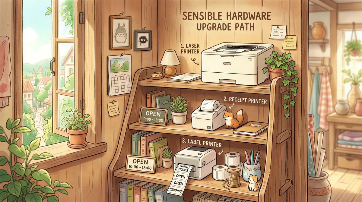 A neatly organized shelf showing the progression of printer hardware in a small store.