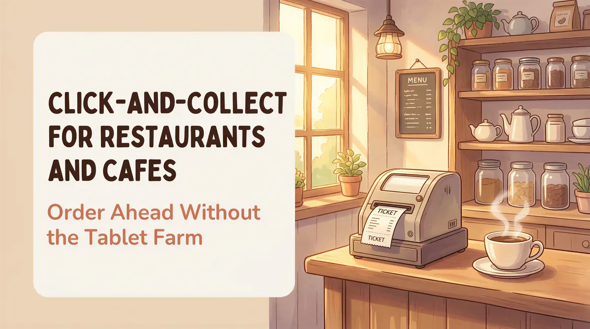 A cozy, sunlit cafe counter with a hot flat white, showcasing a digital-free, efficient order-ahead system.