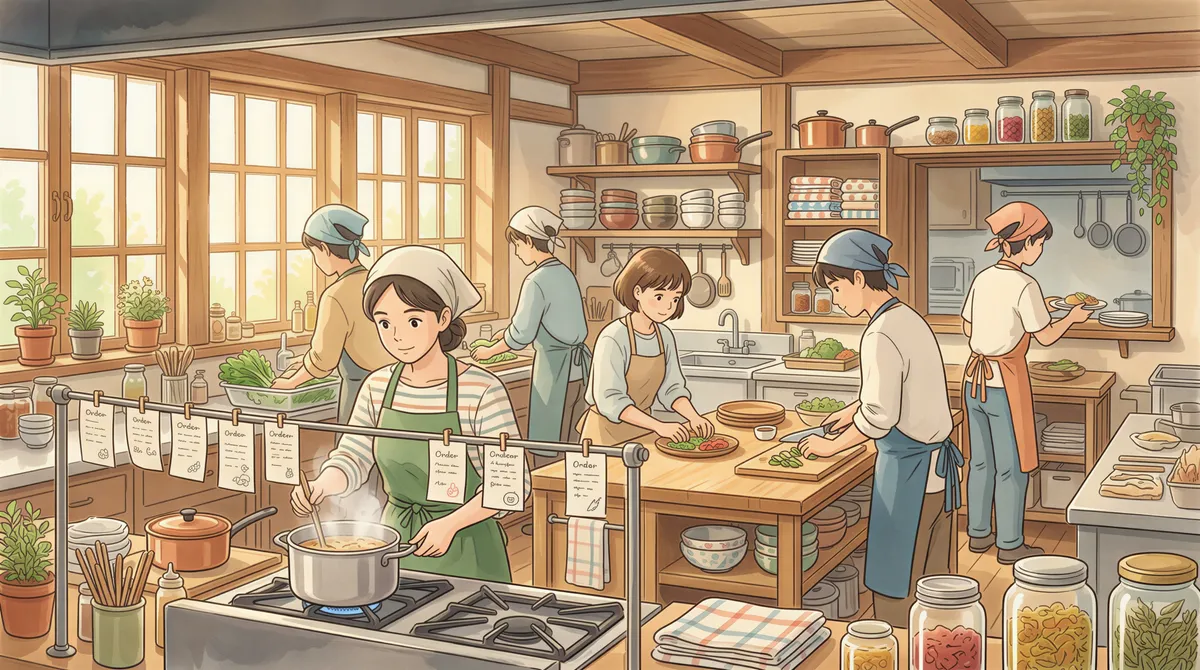 A calm, organized cafe kitchen during a busy lunch rush using a simple paper-based system.