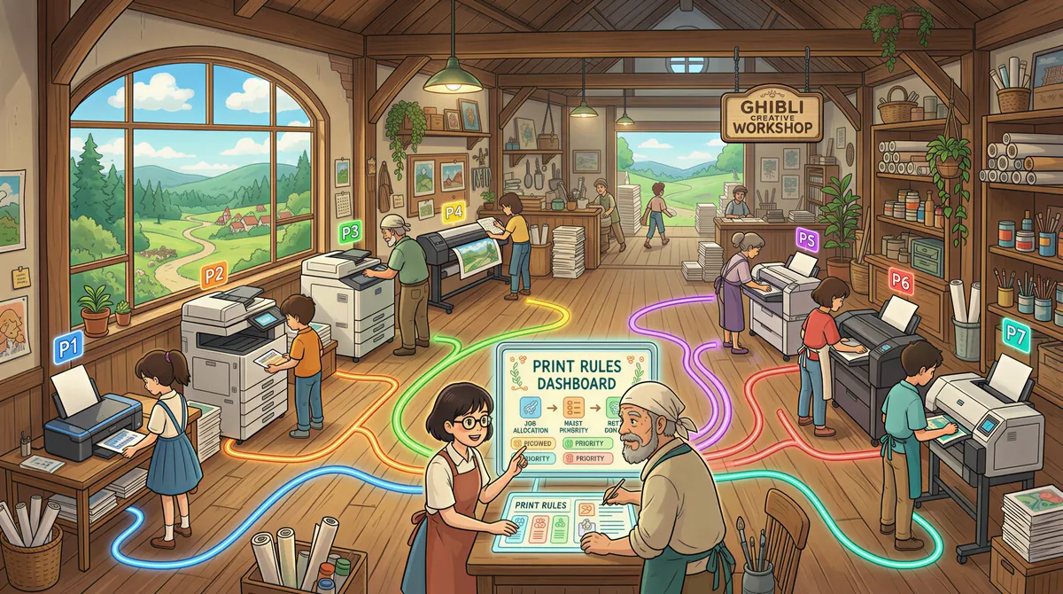 Studio Ghibli-inspired banner with multiple printers and routing lines