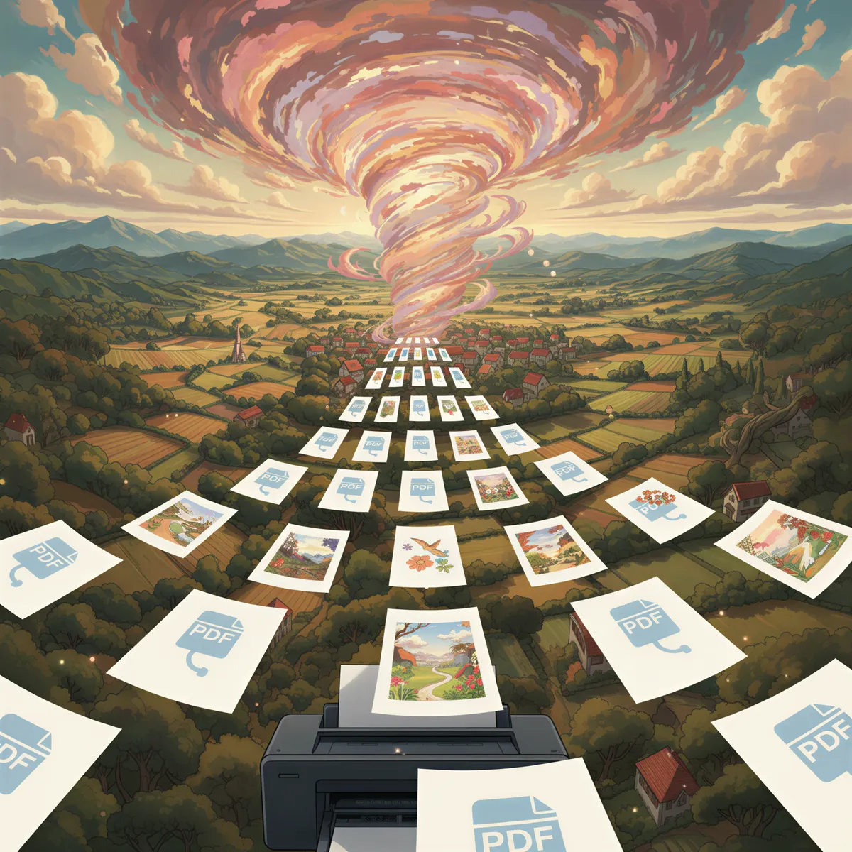 A magical process where diverse digital documents (PDFs, images) are being transformed into a singular, clean, printable format.