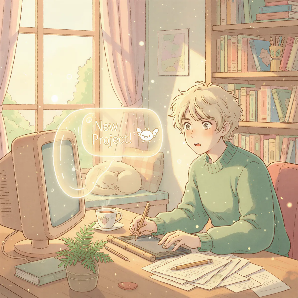 Ghibli illustration of a small desktop computer screen showing a notification instantly alerting a thoughtful person sitting nearby.