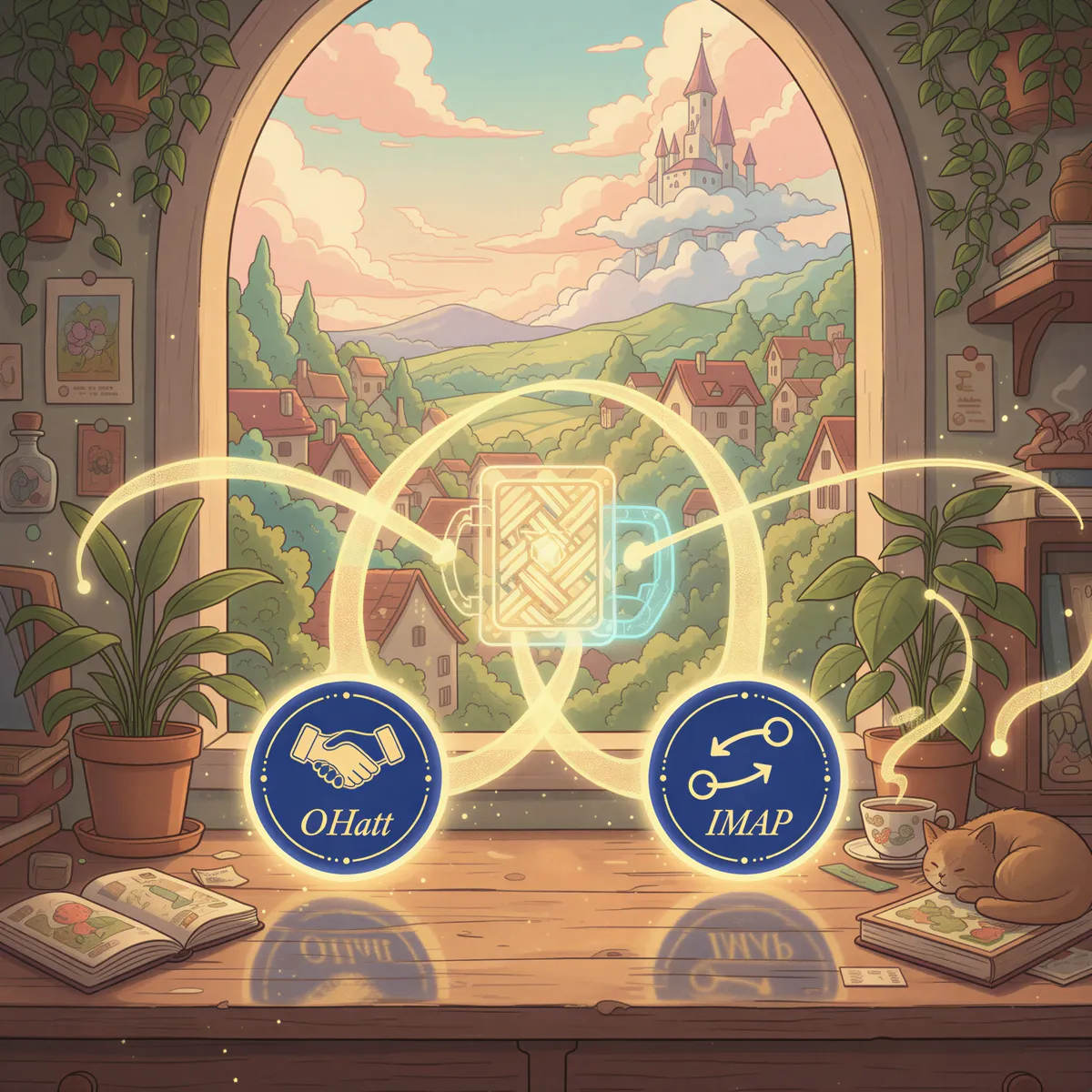 Two stylized, glowing connection tokens representing OAuth and IMAP protocols being securely inserted into a small, stylized lock box on a desk.