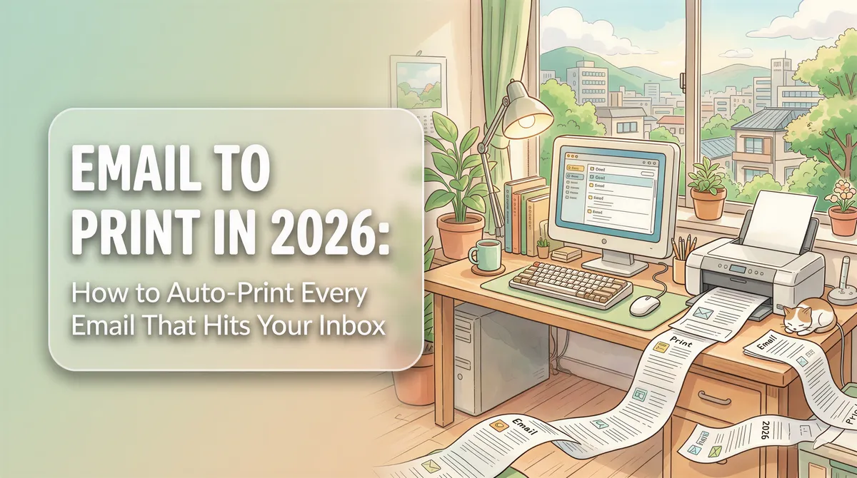 Studio Ghibli-inspired banner for Email to Print in 2026 with cozy office and auto-print concept