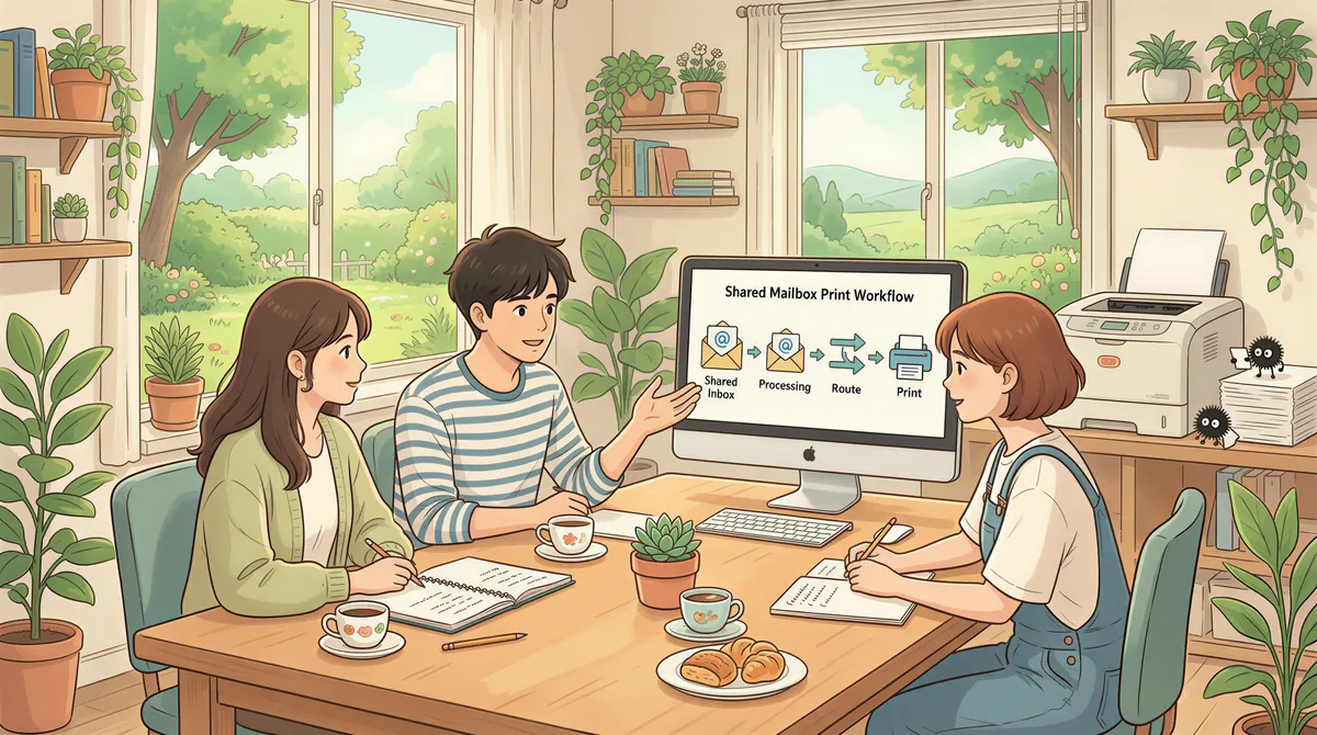 Team collaboration around a shared mailbox print workflow in a cozy office