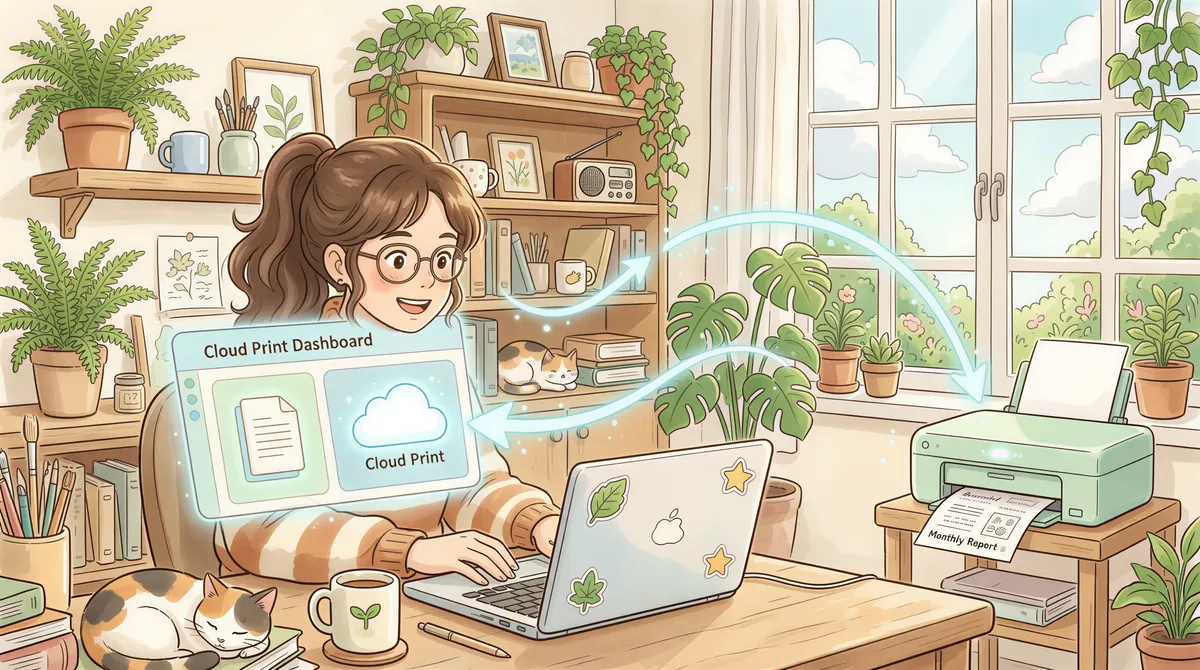 Cloud print management dashboard connected to a printer in a Studio Ghibli scene