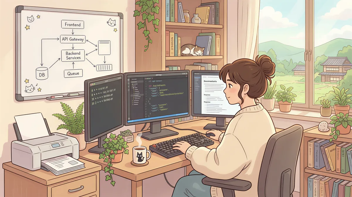Developer coding API and cron-based print system in a cozy Studio Ghibli setup