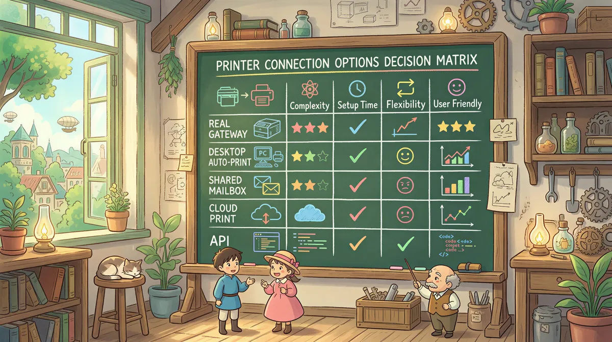 Colorful decision matrix comparing gateway options for email-to-print
