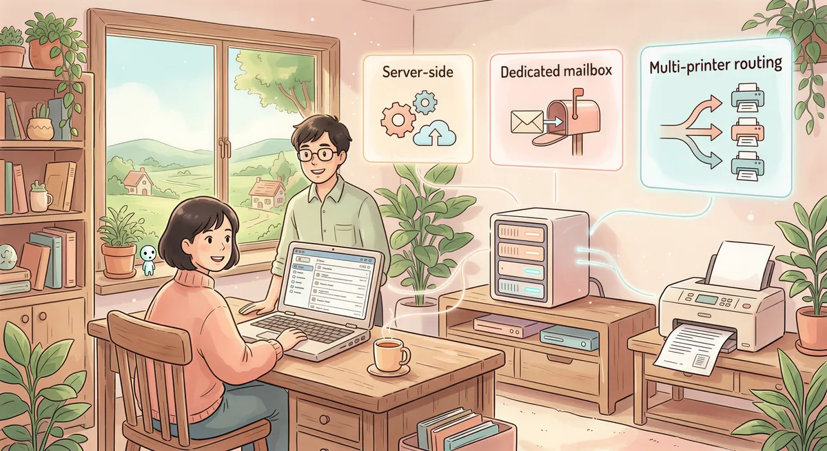 Concept diagram of email-to-print gateway: server-side service, dedicated mailbox, multi-printer routing in a cozy Studio Ghibli style