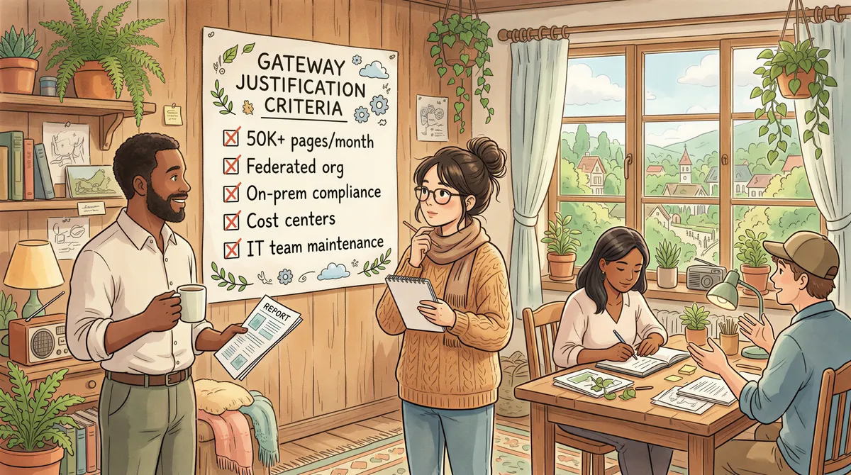 Decision criteria for needing a gateway shown in a warm Studio Ghibli setting
