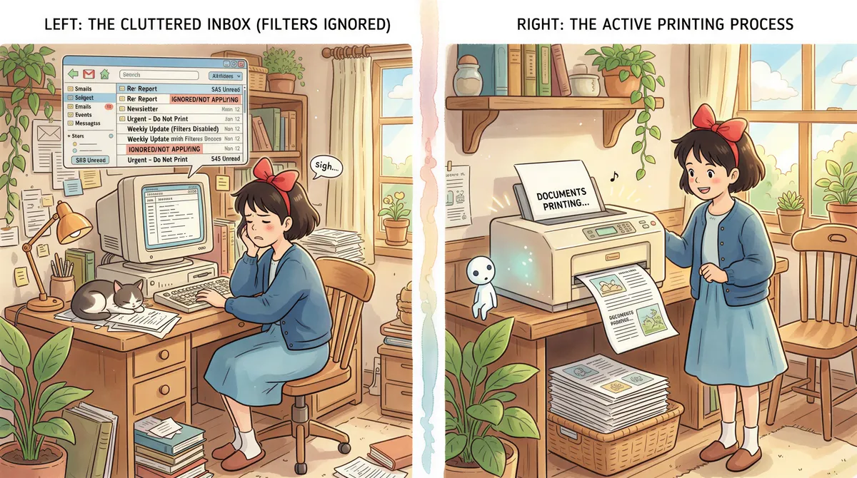 Comparison visual: Gmail/Outlook rules vs automated printing