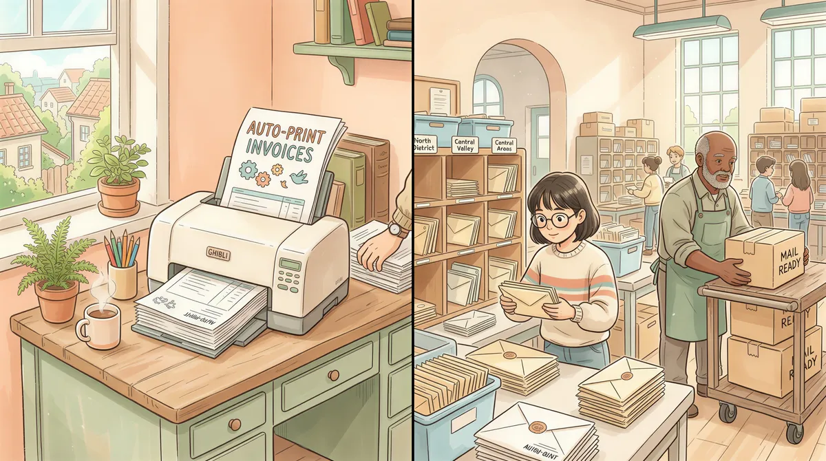 Illustration showing auto-print vs print-and-mail distinction for FreshBooks invoices