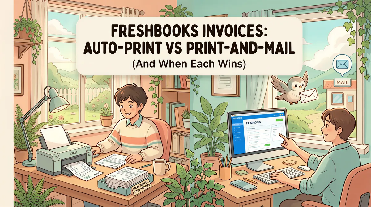 Studio Ghibli-inspired banner for FreshBooks invoices: auto-print vs print-and-mail