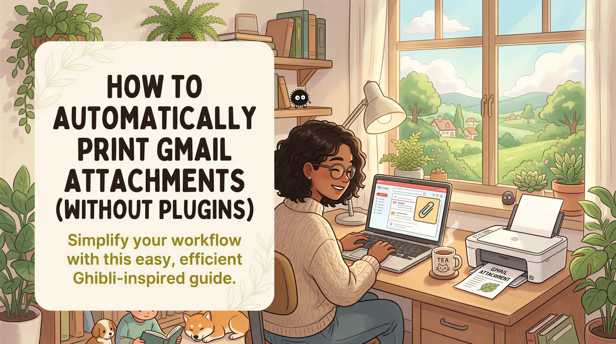 Studio Ghibli-inspired banner for automating printing Gmail attachments (no plugins)