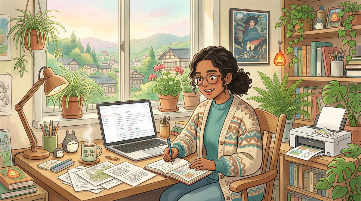 Frustrated user manually printing Gmail attachments in a cozy home office