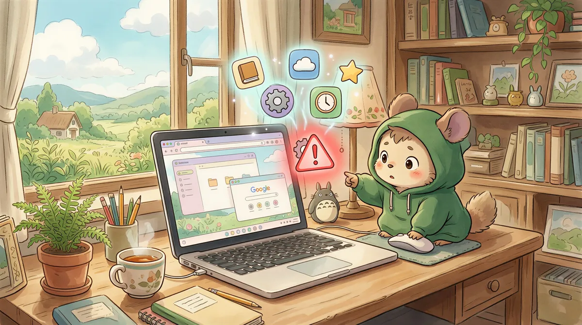 Browser extensions depicted as risky tools with a warning sign in a Ghibli-inspired style