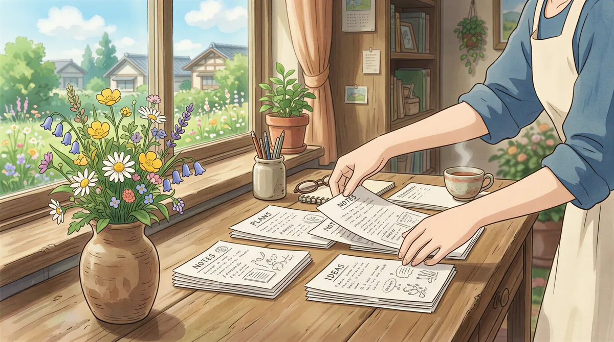 A person organizing printed documents in a bright sunlit room