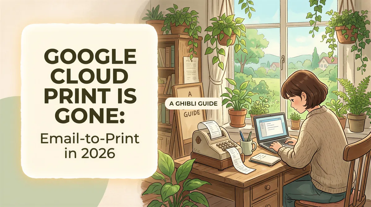 Google Cloud Print Is Gone: Email-to-Print in 2026 banner image showing a vintage printer in a cozy Ghibli style room