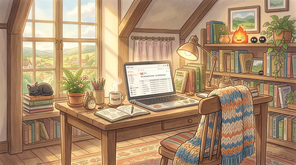An email application open on a computer screen in a cozy home study