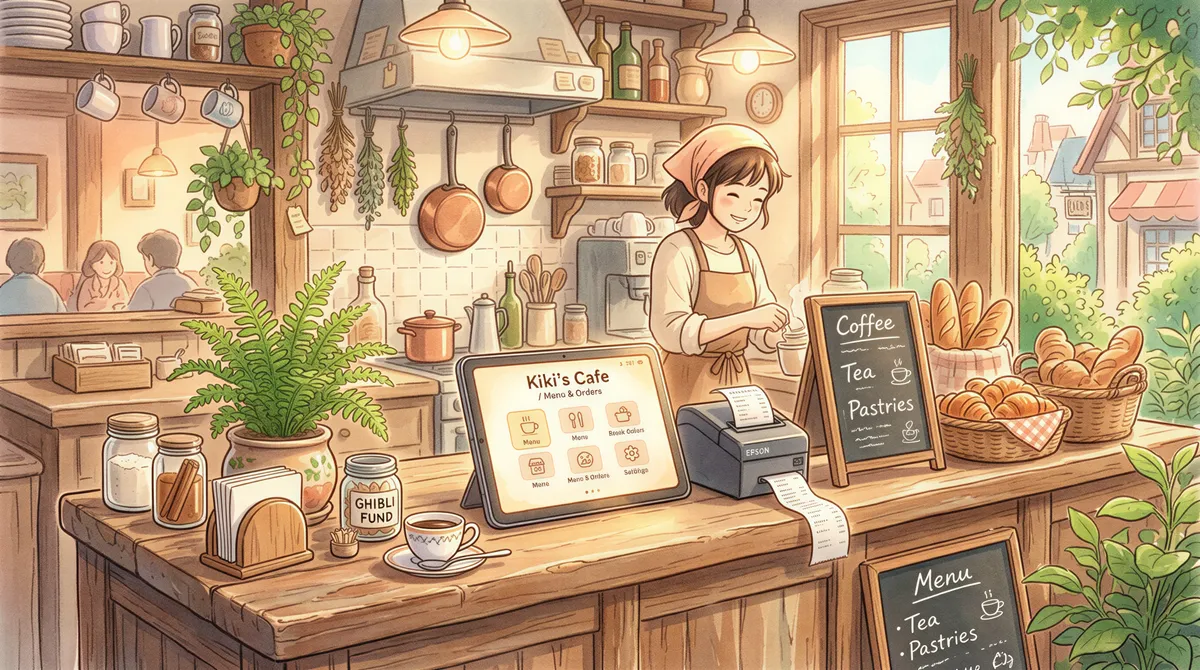 A small tablet and thermal receipt printer on a wooden cafe counter