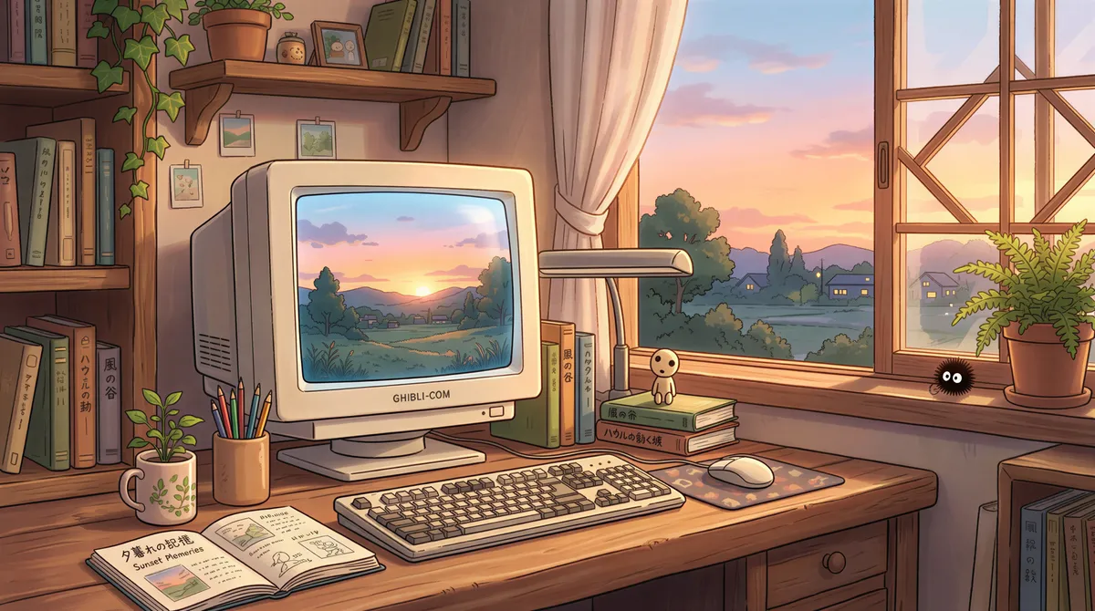 An old computer screen showing a discontinued service notification in a Ghibli style office
